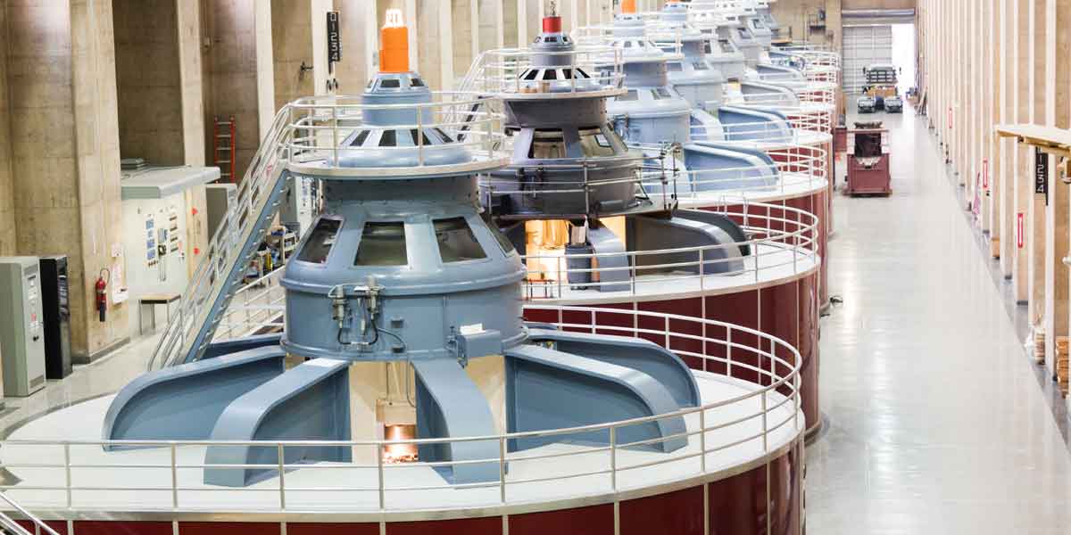 Turbines of hydroelectricity power station generators inside the Hoover Dam fuel and power generation plant, Arizona, Nevada, USA.